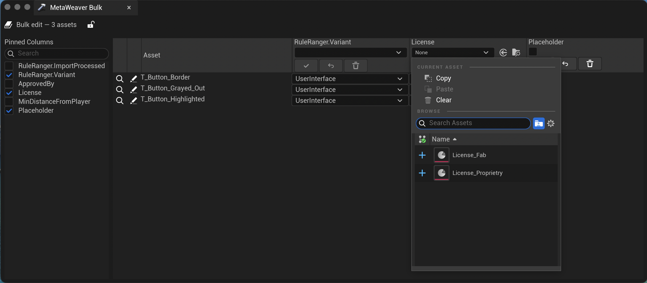 Asset Reference picker UI open from a cell or header, showing a class filter restricting the asset type (e.g., only License assets).