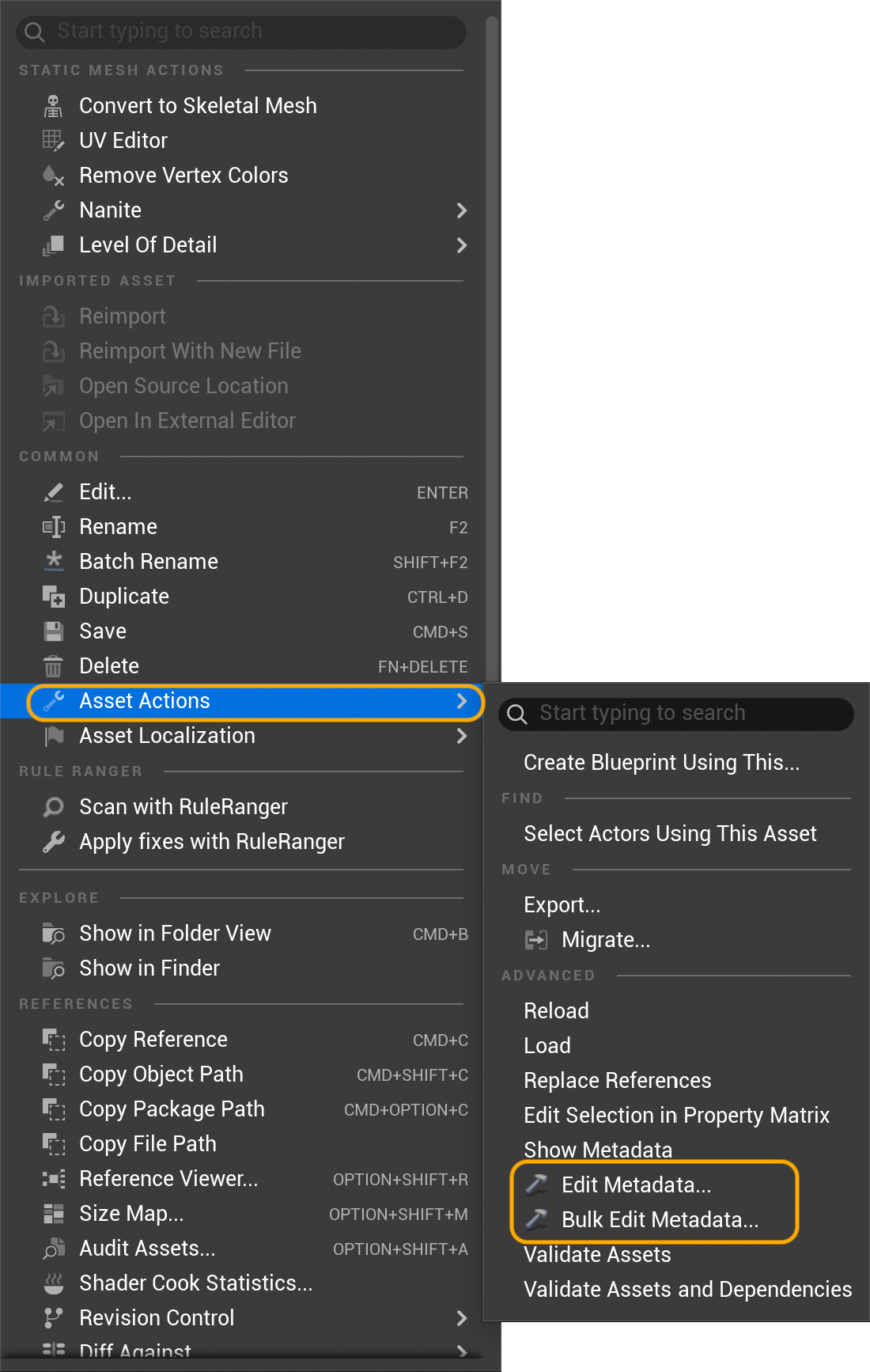 Content Browser context menu open for an asset, Asset Actions submenu expanded showing 'Edit Metadata…' and 'Bulk Edit Metadata…' entries.