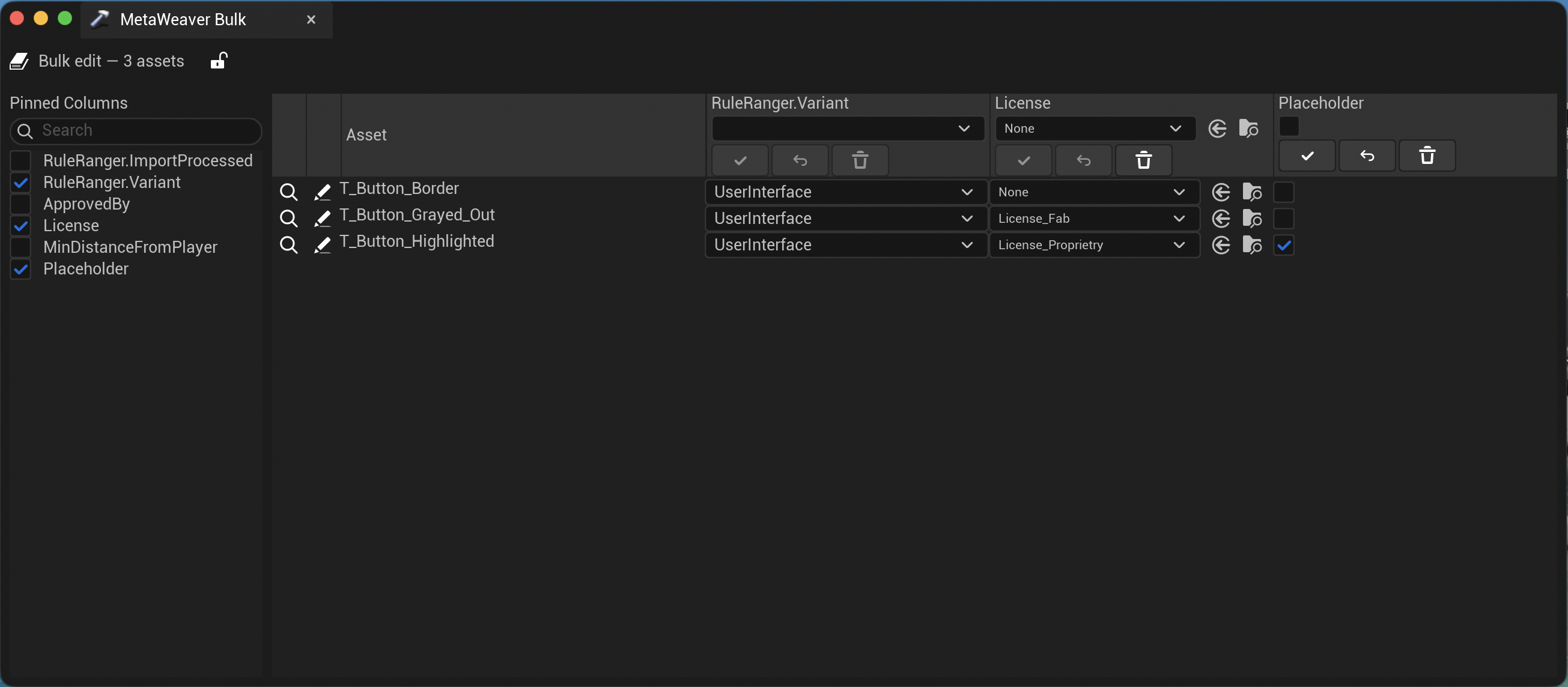 Bulk metadata editor matrix view with an Assets column and multiple enabled metadata columns. Column headers show type‑specific editors (e.g., checkbox, numeric entry, enum dropdown). Each row shows asset name with Show and Open icons in separate columns to the left.