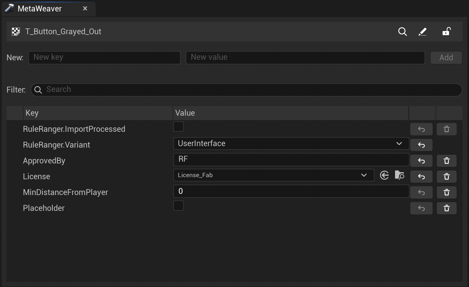 Single‑asset MetaWeaver editor showing a list of metadata keys with typed editors (checkbox for Bool, numeric fields for Int/Float, text box for String, dropdown for Enum, and asset picker for Asset Reference), plus row actions for Show in Content Browser and Open Asset Editor.
