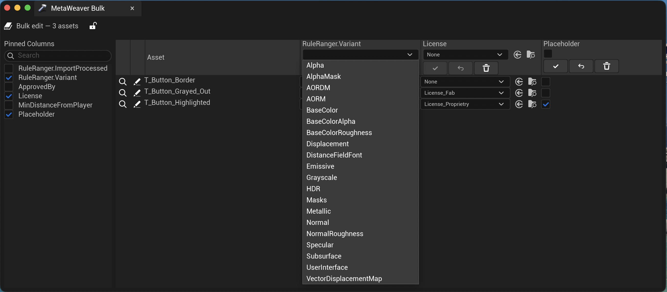 Enum dropdown open showing a list of string values defined in the metadata definition set.