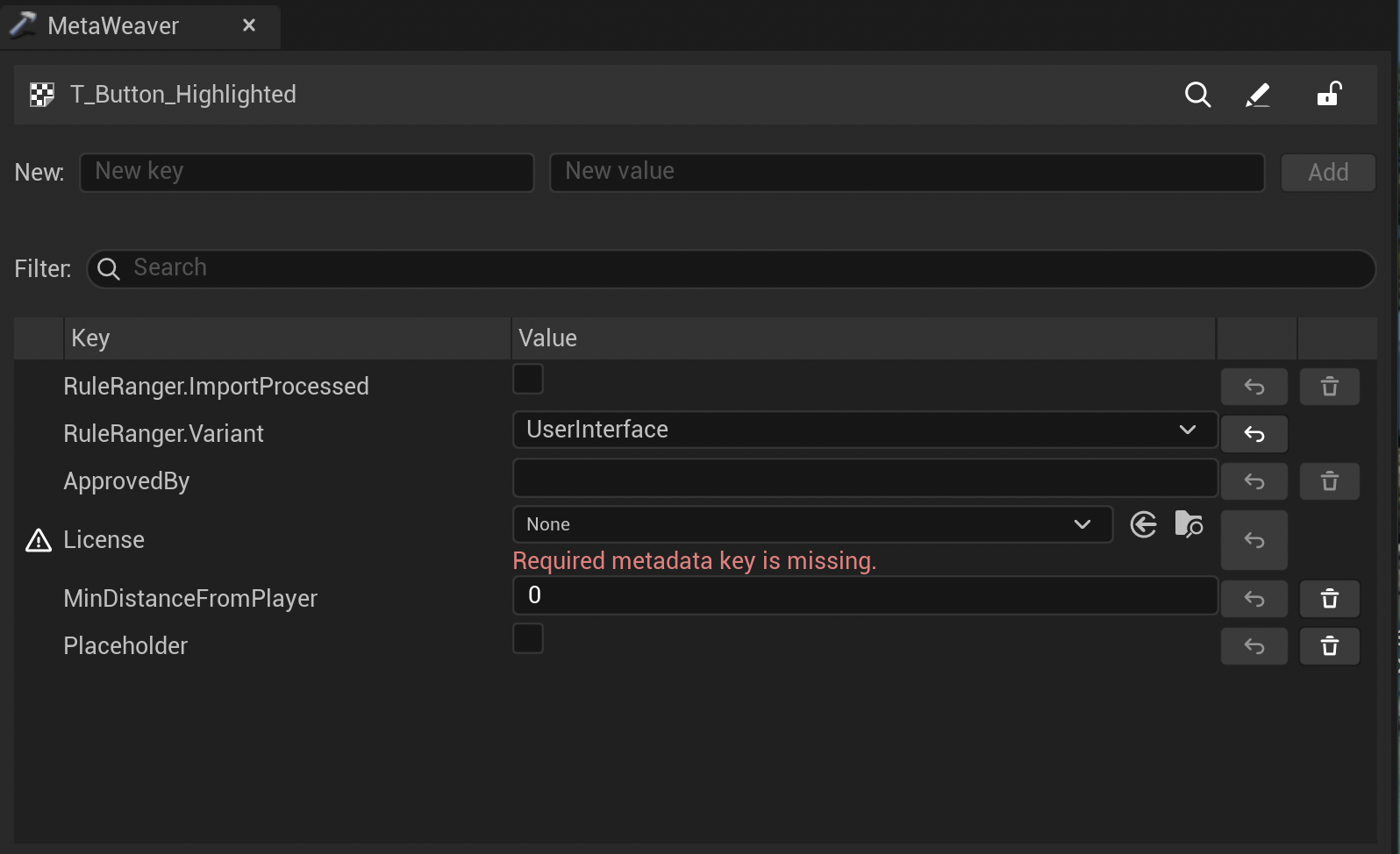 A metadata cell showing inline validation error styling and an error message indicating why a commit failed (e.g., missing required key).