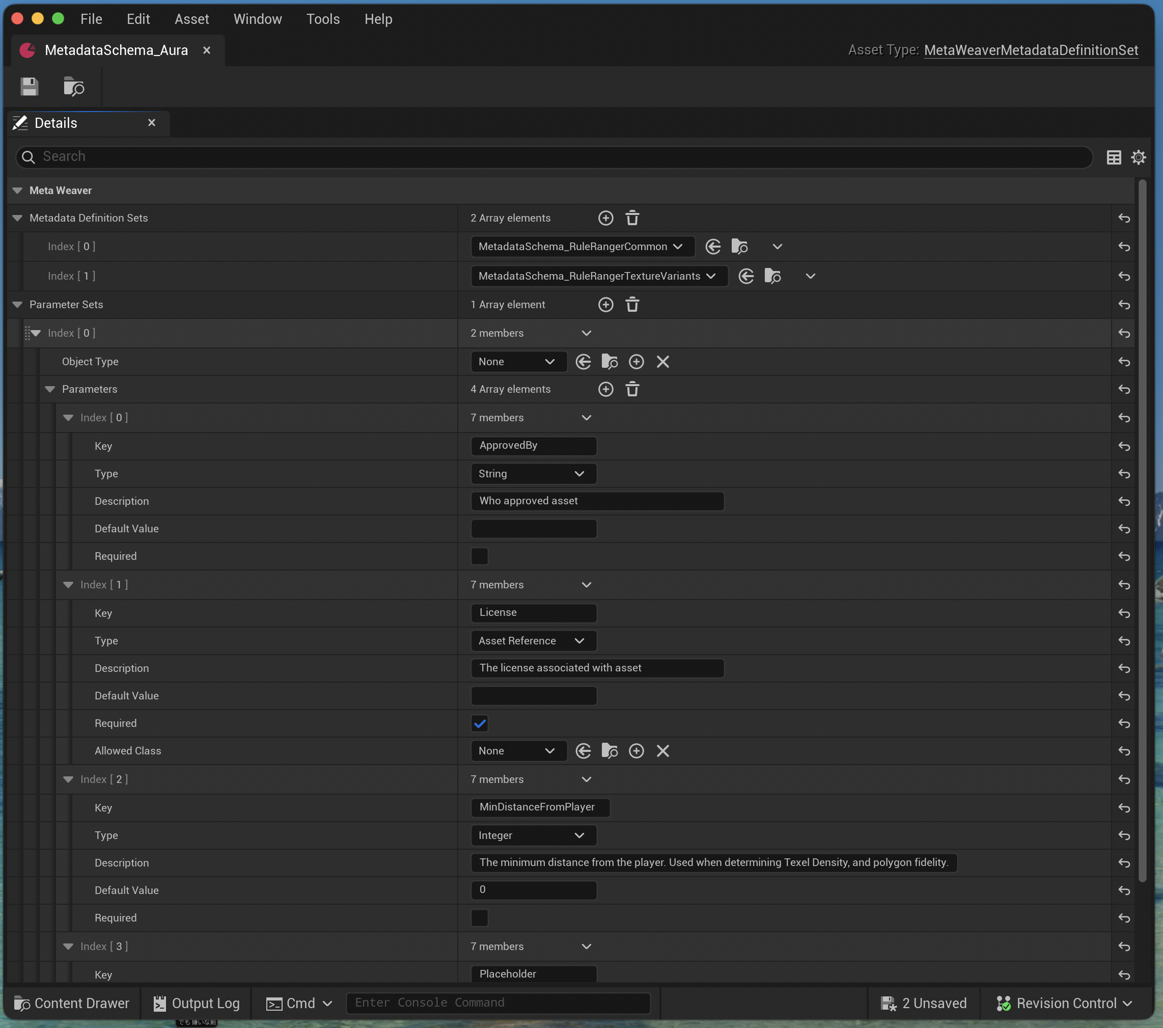 A MetaWeaverMetadataDefinitionSet asset that defines metadata schema for the project.