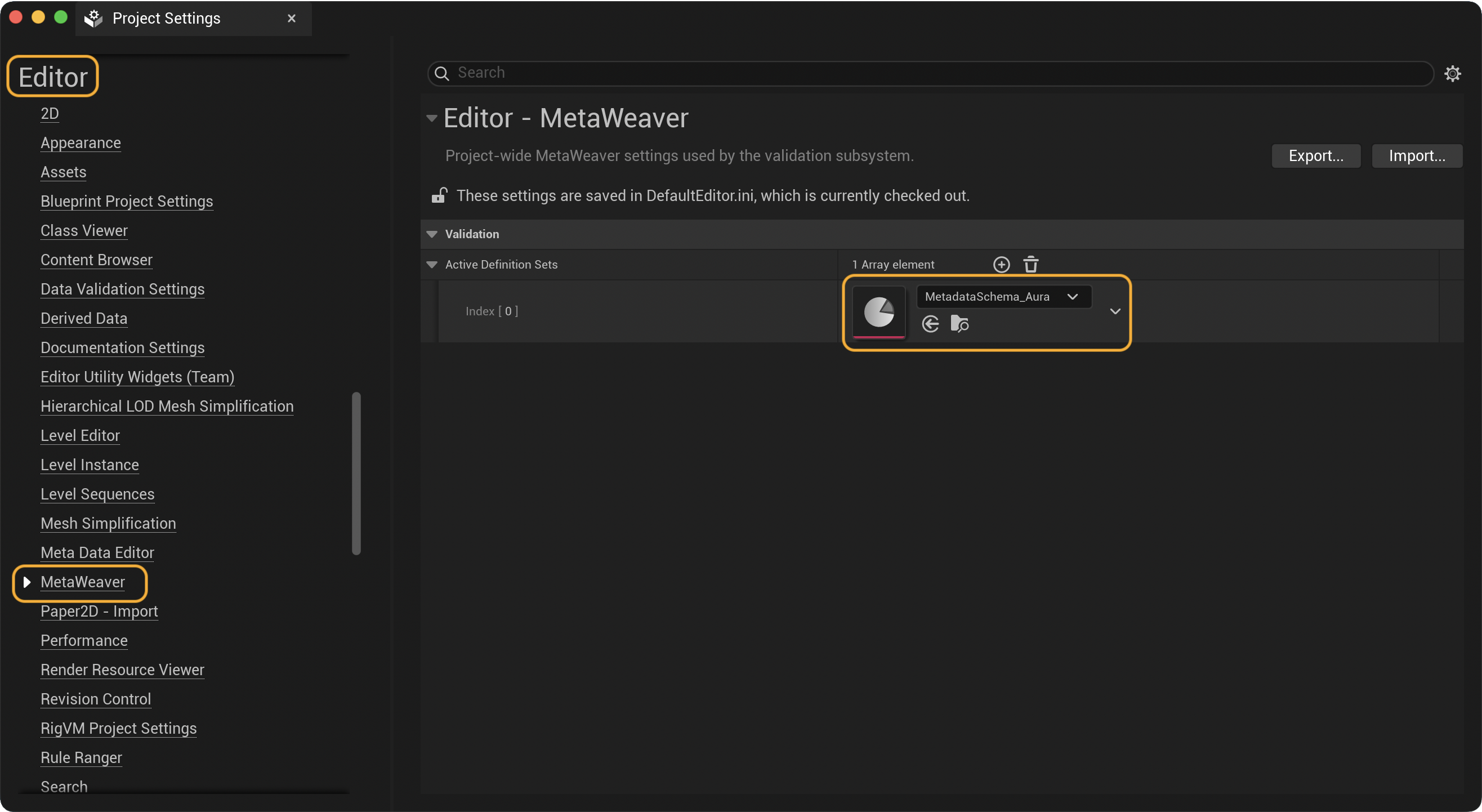 Project Settings window with MetaWeaver section selected, showing an array property called Active Definition Sets containing one UMetaWeaverMetadataDefinitionSet asset.